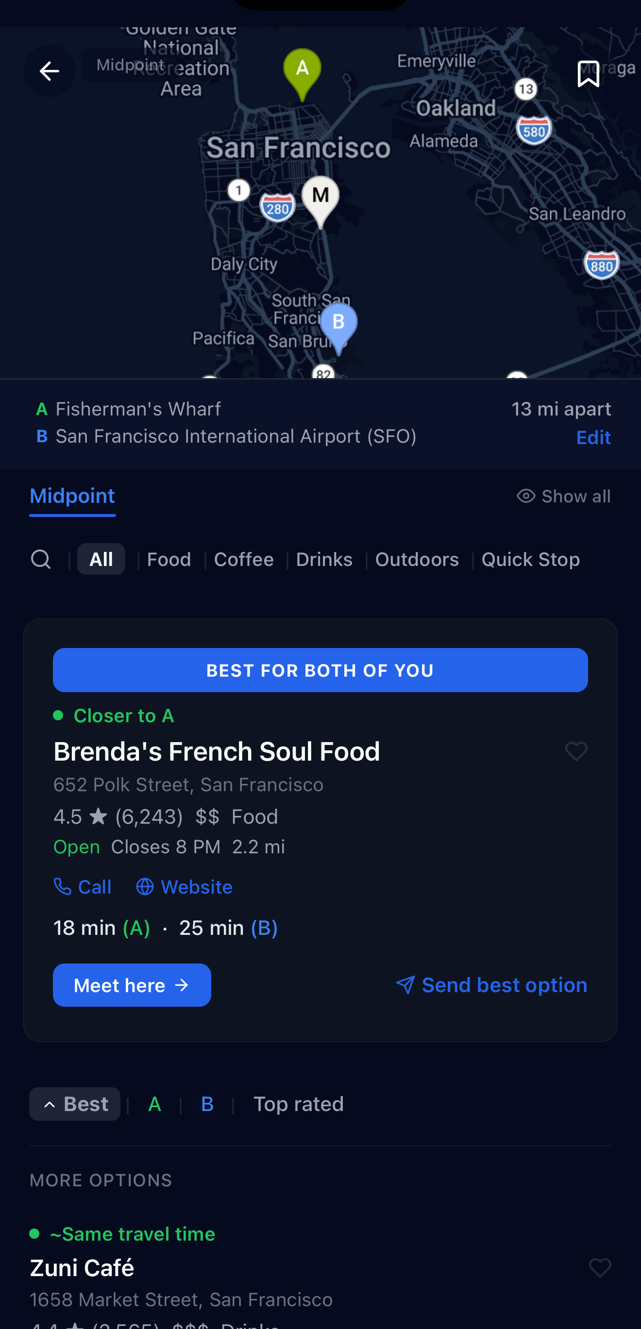 Inbetween app showing the best meeting spot between Fisherman's Wharf and SFO